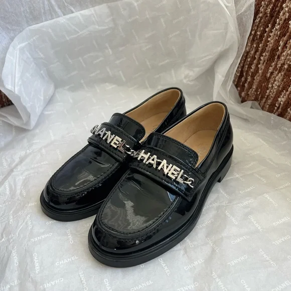 CHANEL Shiny Black Loafers with Silver Logo CHANEL | Shoes | Chanel Black Shiny Calf Loafers Moccasins  main image 4